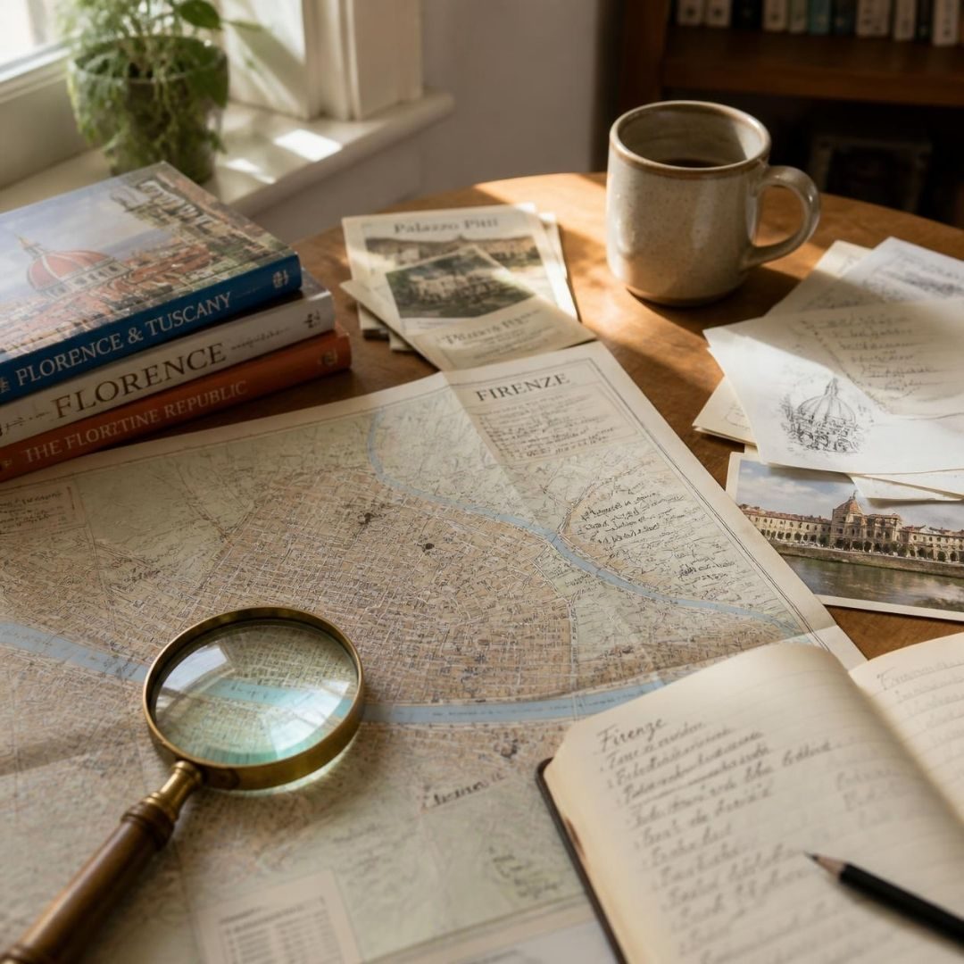 Mesa de trabalho: guias de viagem, um mapa de Florença marcado a lápis, papel, lupa. Luz de manhã. Nenhum rosto.