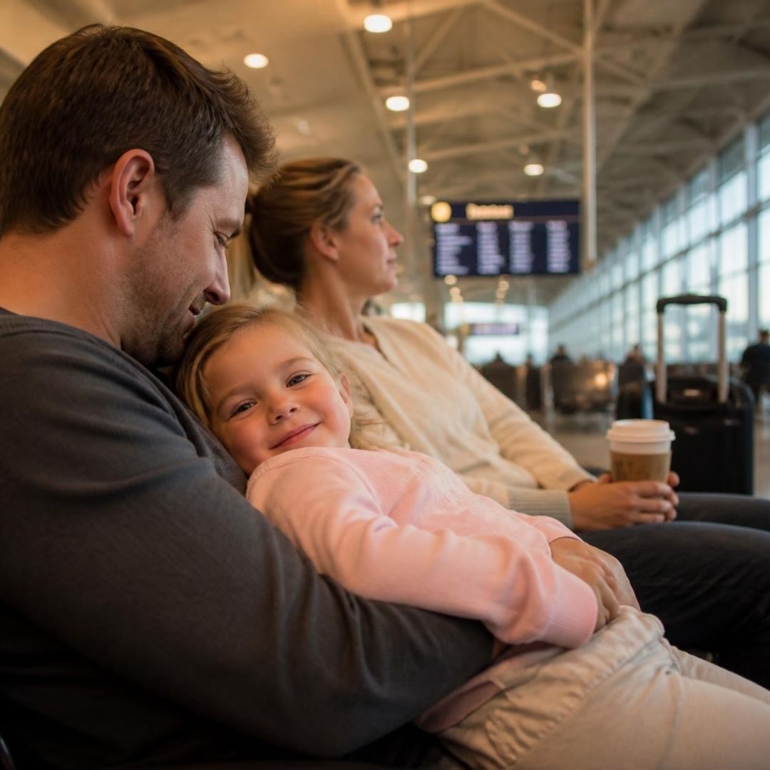 Família tranquila num aeroporto, criança no colo.